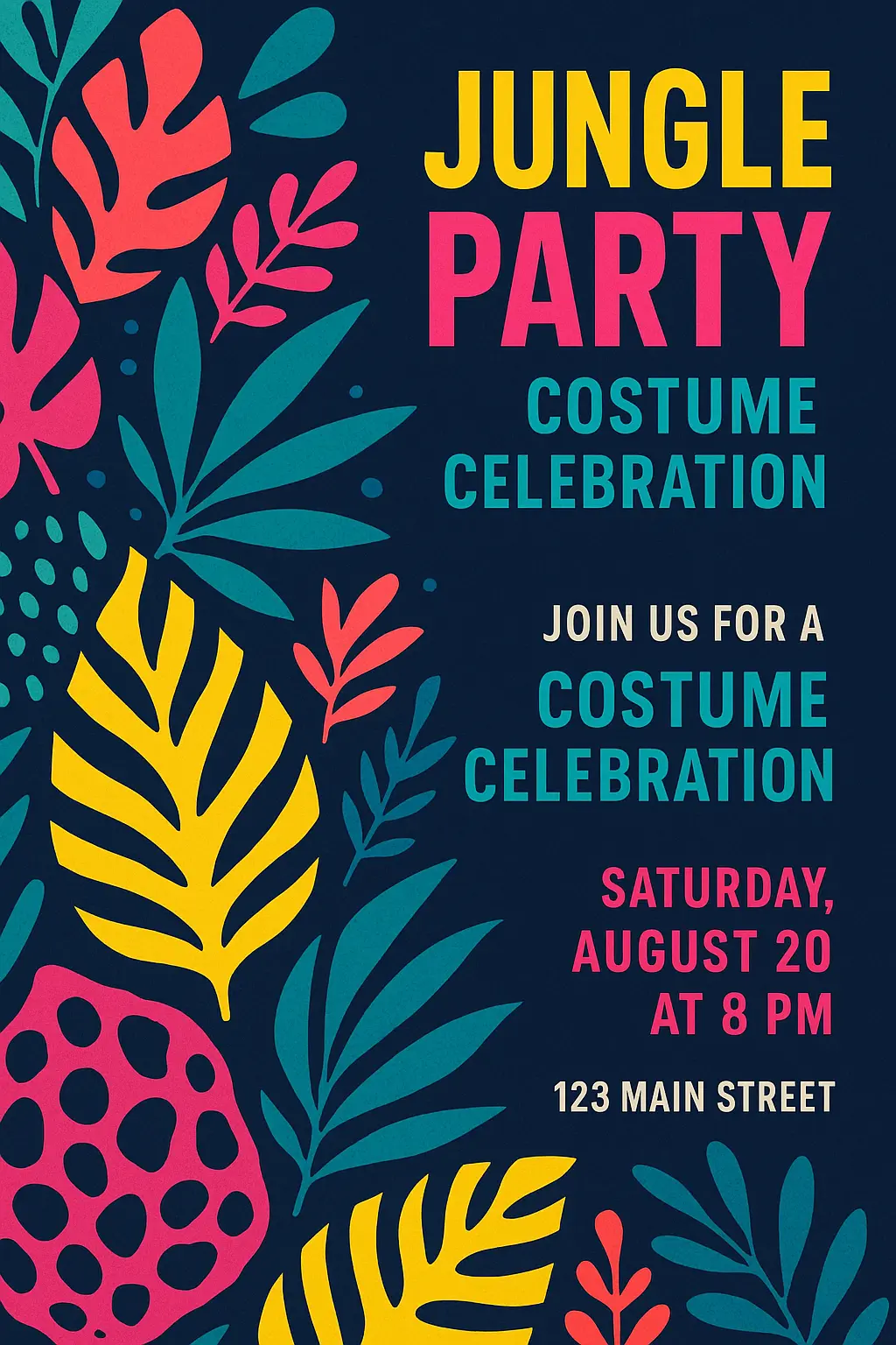 Playful jungle-themed party invitation card template invitation in bold neon colors