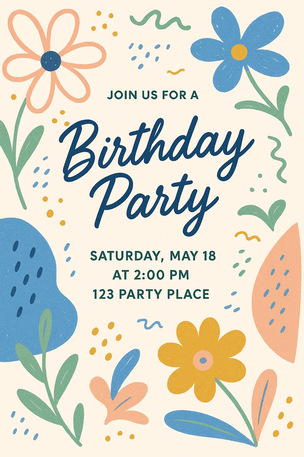 Birthday party invitation featuring abstract floral and geometric patterns, party invitation card template