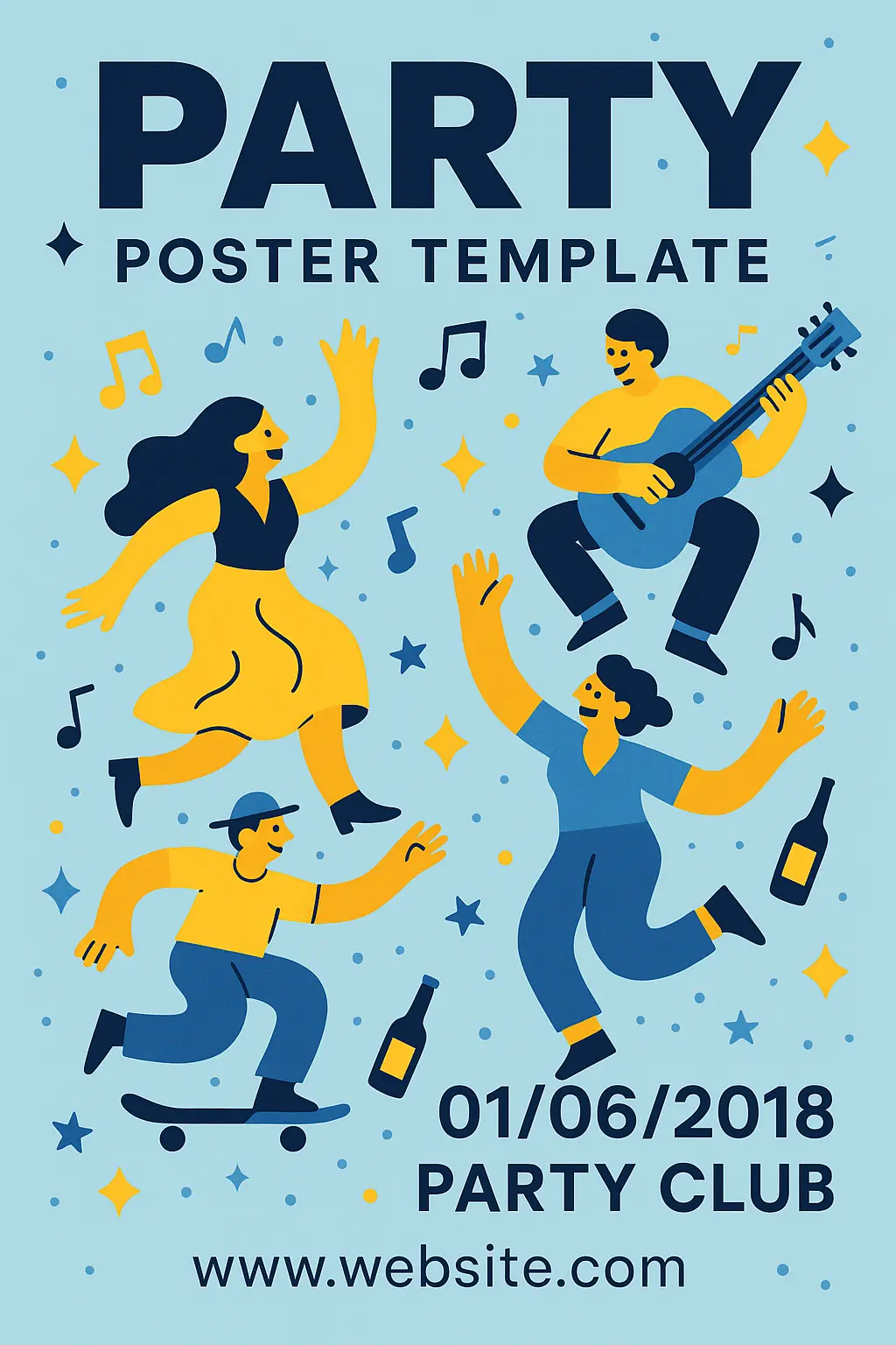 Party invitation card template playful digital party poster with dancing figures