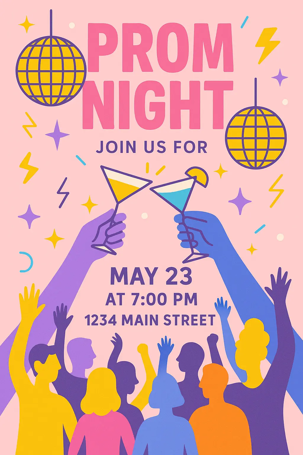 Party invitation card template vibrant prom night invitation with cocktail glasses