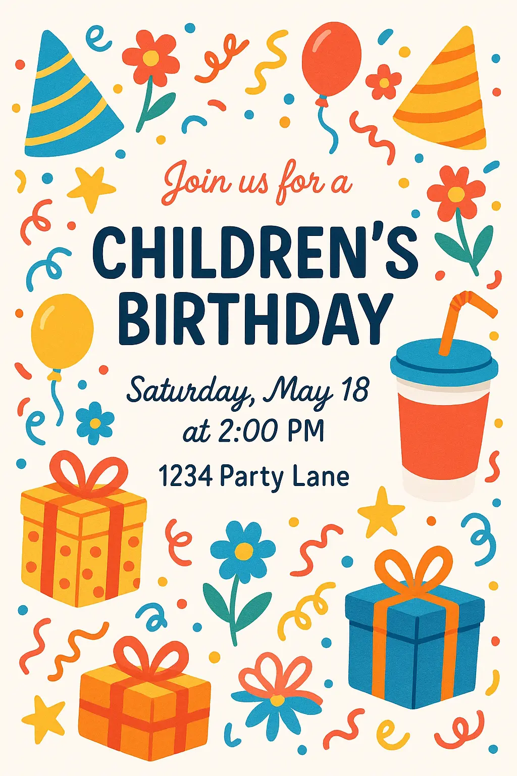 Playful party invitation card template kids party invite with gifts and confetti