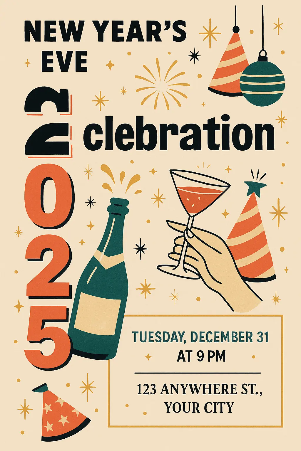 Retro party invitation card template for New Year's Eve party invite