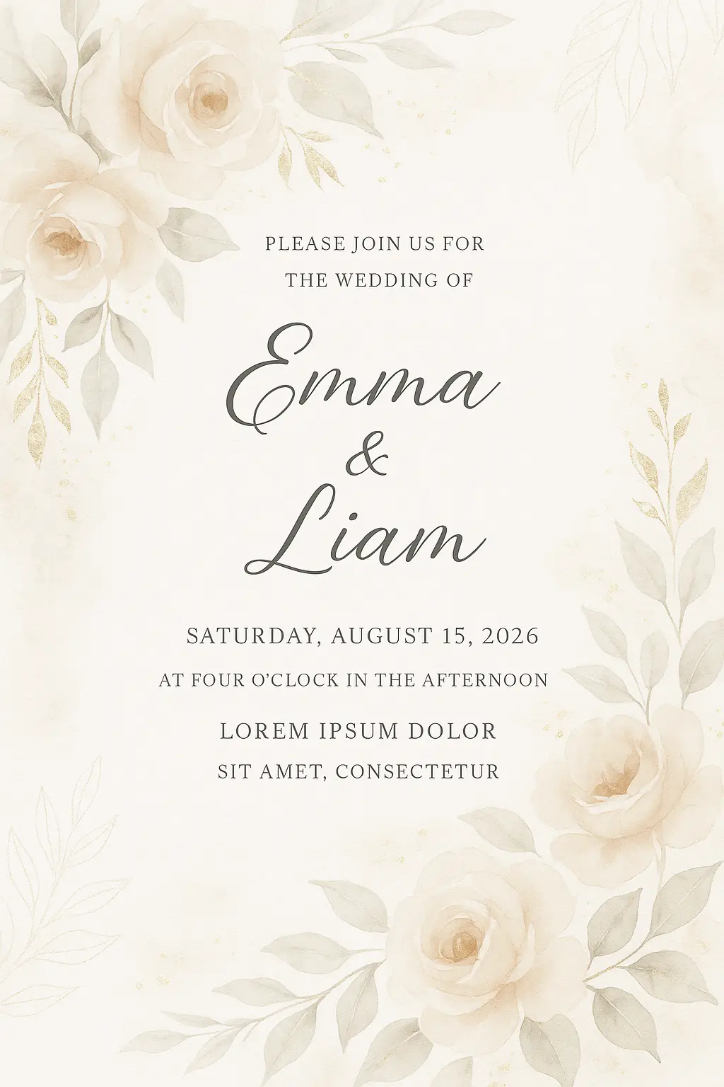 Elegant wedding invitation with gold accents, floral design, and minimalist layout, party invitation card template