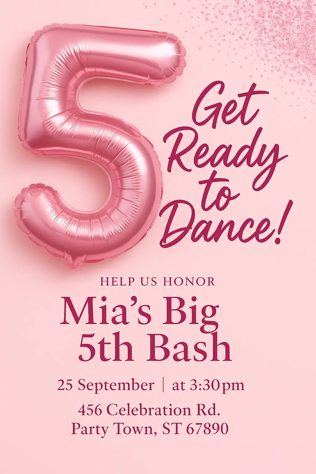 Playful party invitation card template with pink balloon and party invite