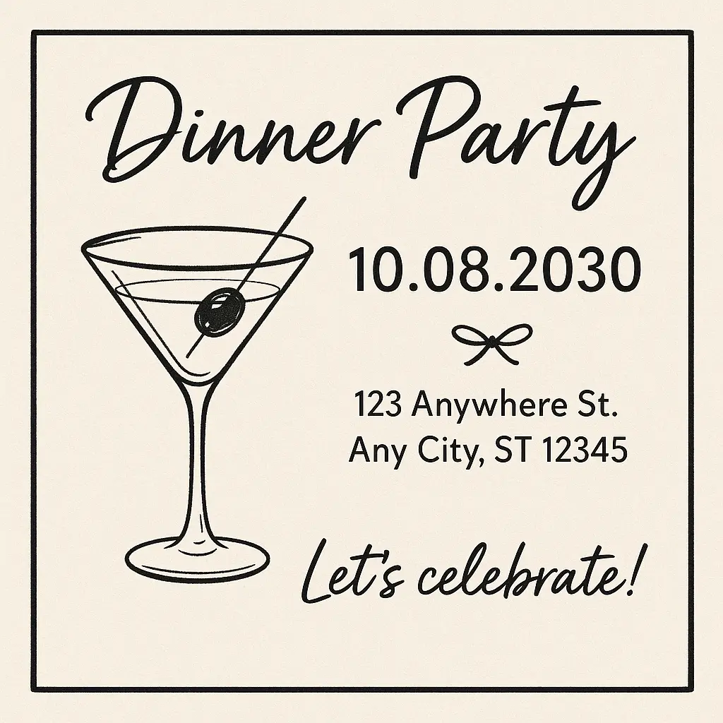Minimalist dinner party invitation card with cocktail glass, date, address, and bow, party invitation card template.