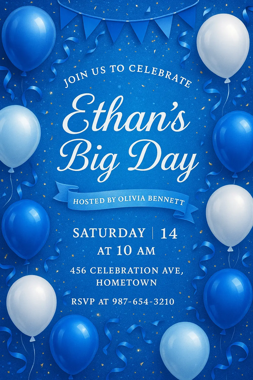 Party invitation card template birthday invitation with blue balloons and sparkles