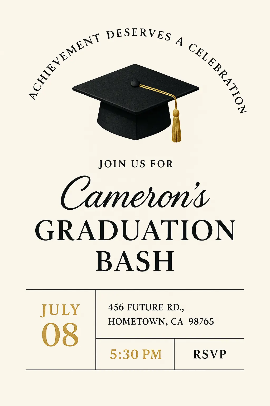 Party invitation card template graduation invite with cap and gold accents