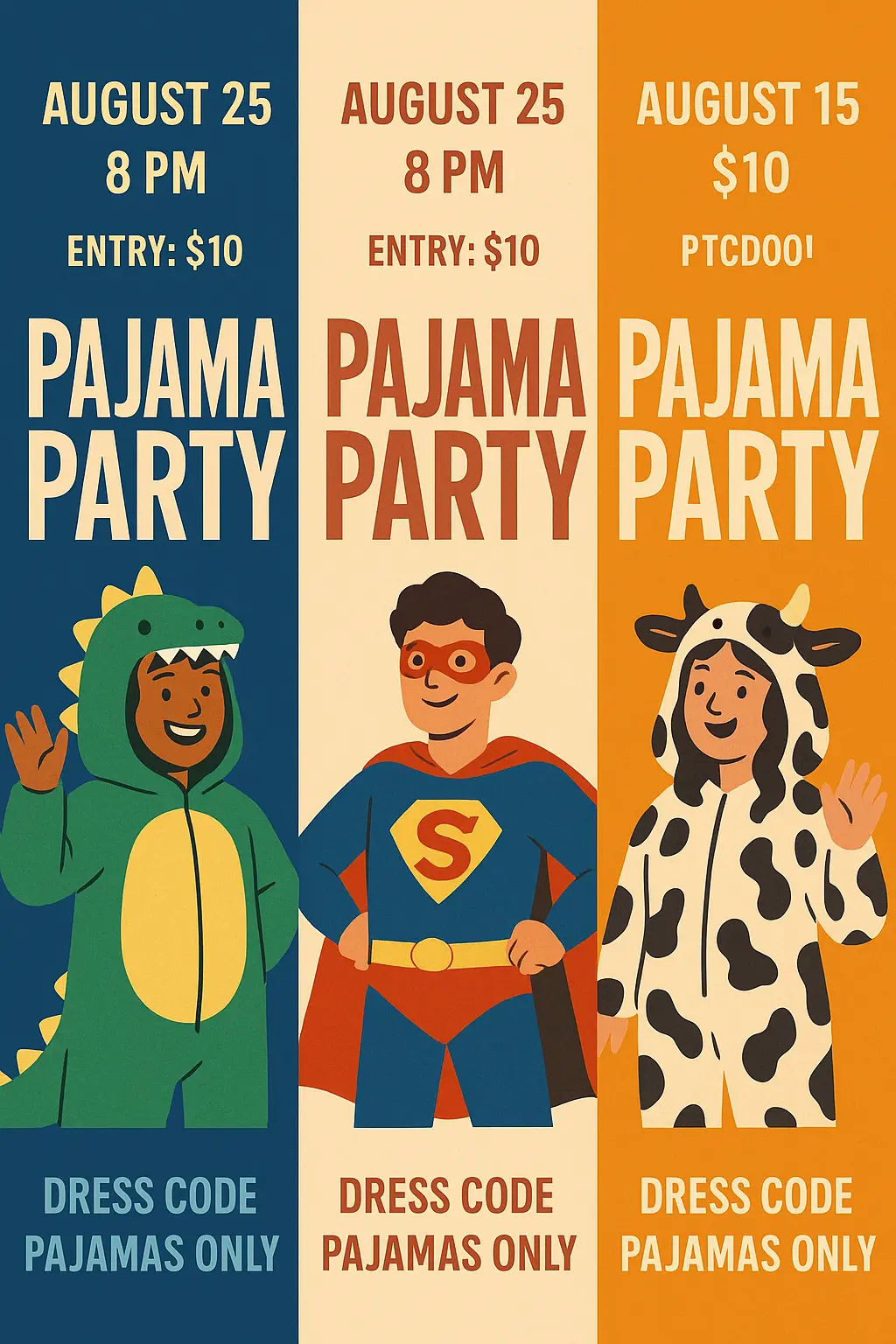 Party invitation card template, pajama party invitation with quirky animal-themed costumes