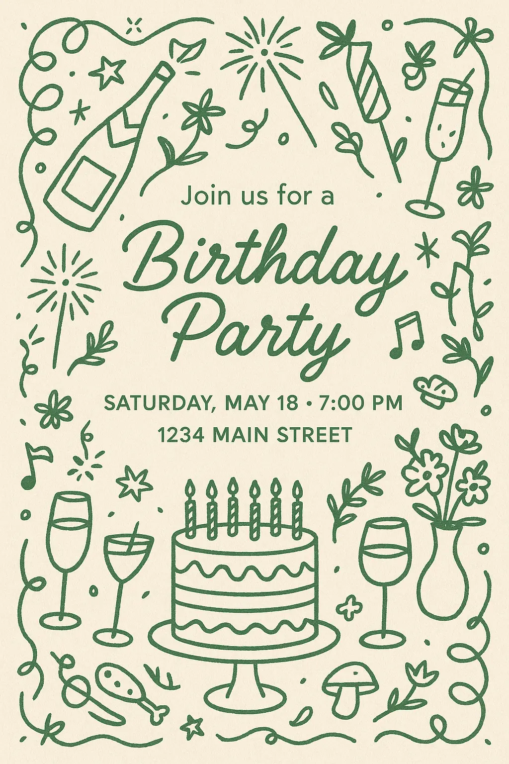 Playful birthday party invite with green line art, party invitation card template