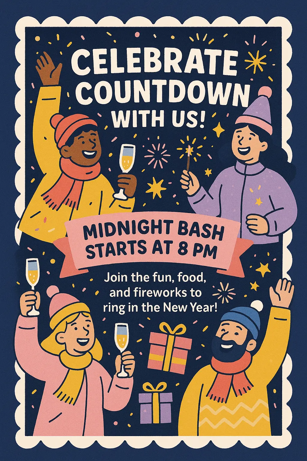Playful party invitation card template with New Year party characters and fireworks