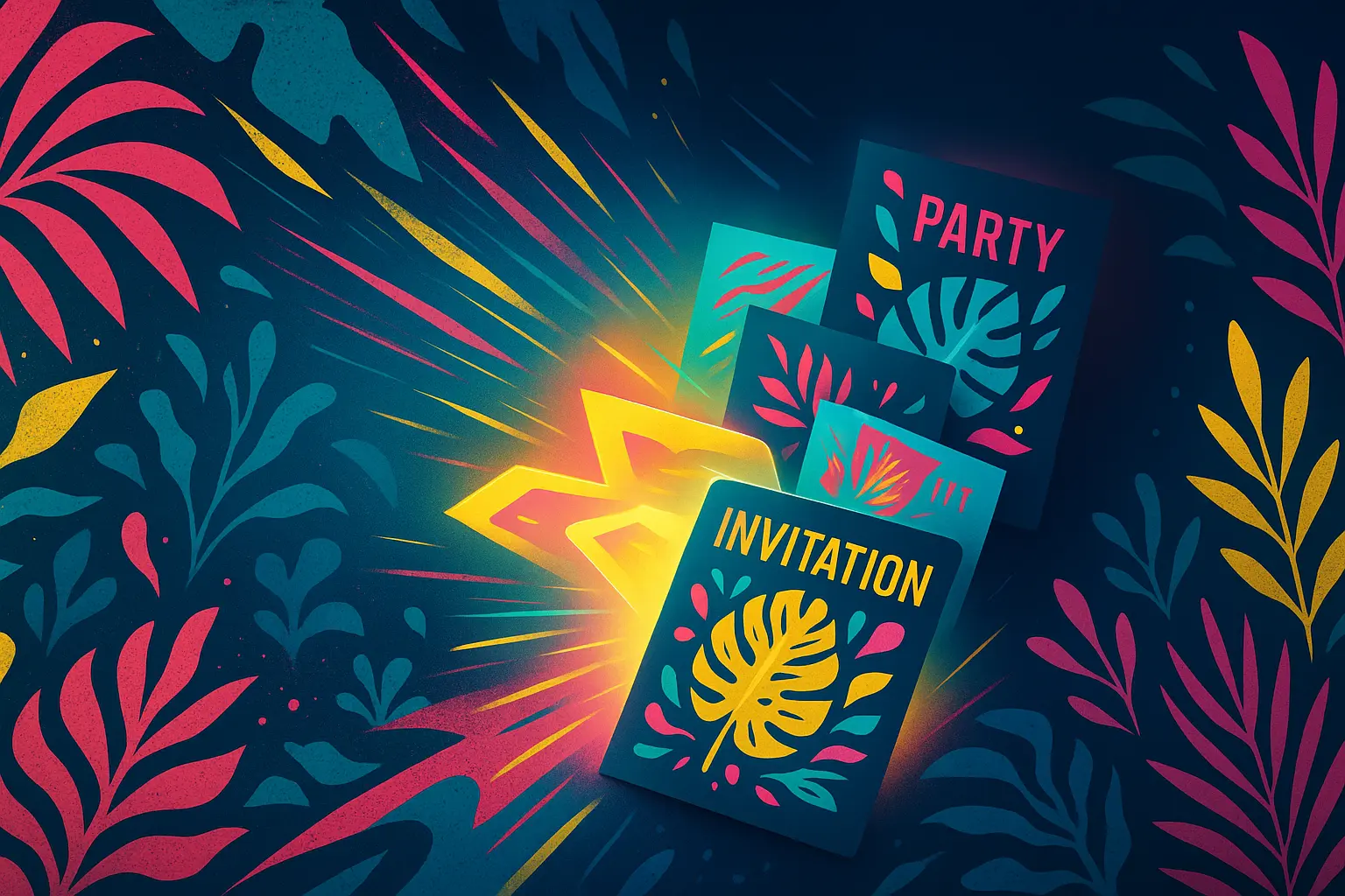 Birthday party invitation featuring abstract floral and geometric patterns, party invitation card template