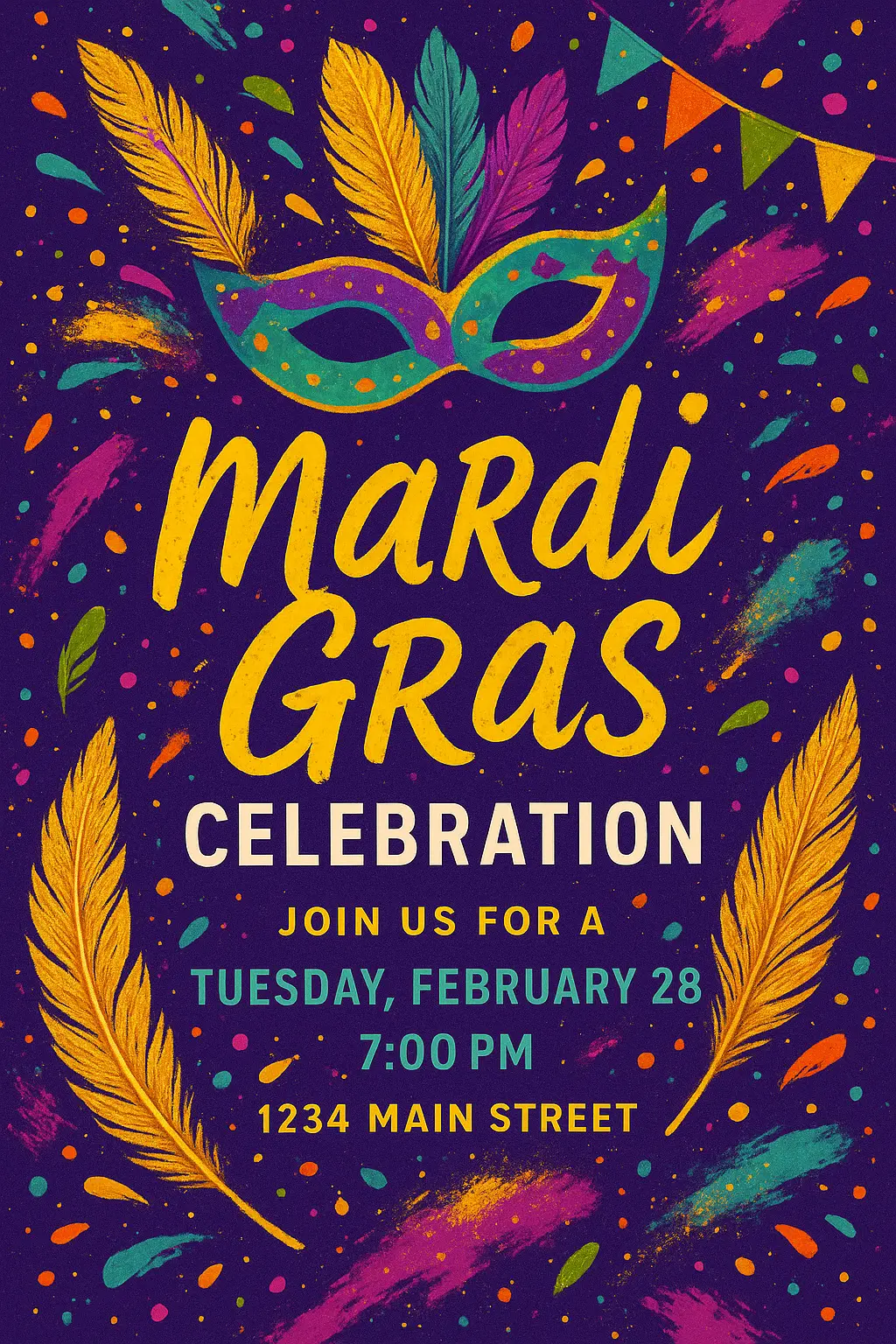 Event invitation card template Mardi Gras invitation with bold colors and feathers