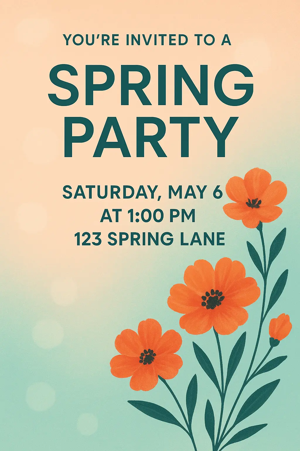 Event invitation card template with spring party invitation, floral elements