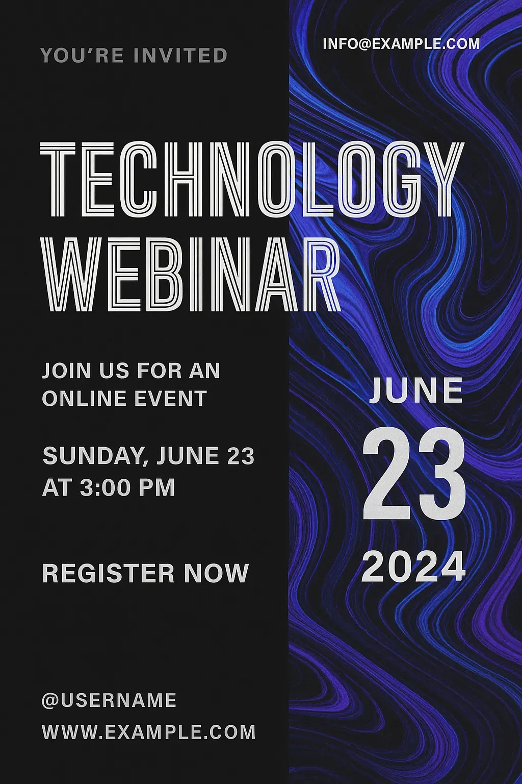 Event invitation card template with tech webinar invite and abstract swirl background
