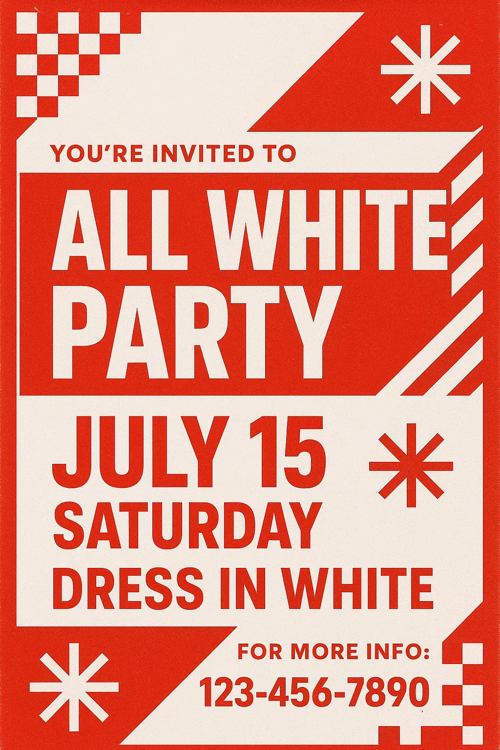 Red and white all-white party invitation, template.