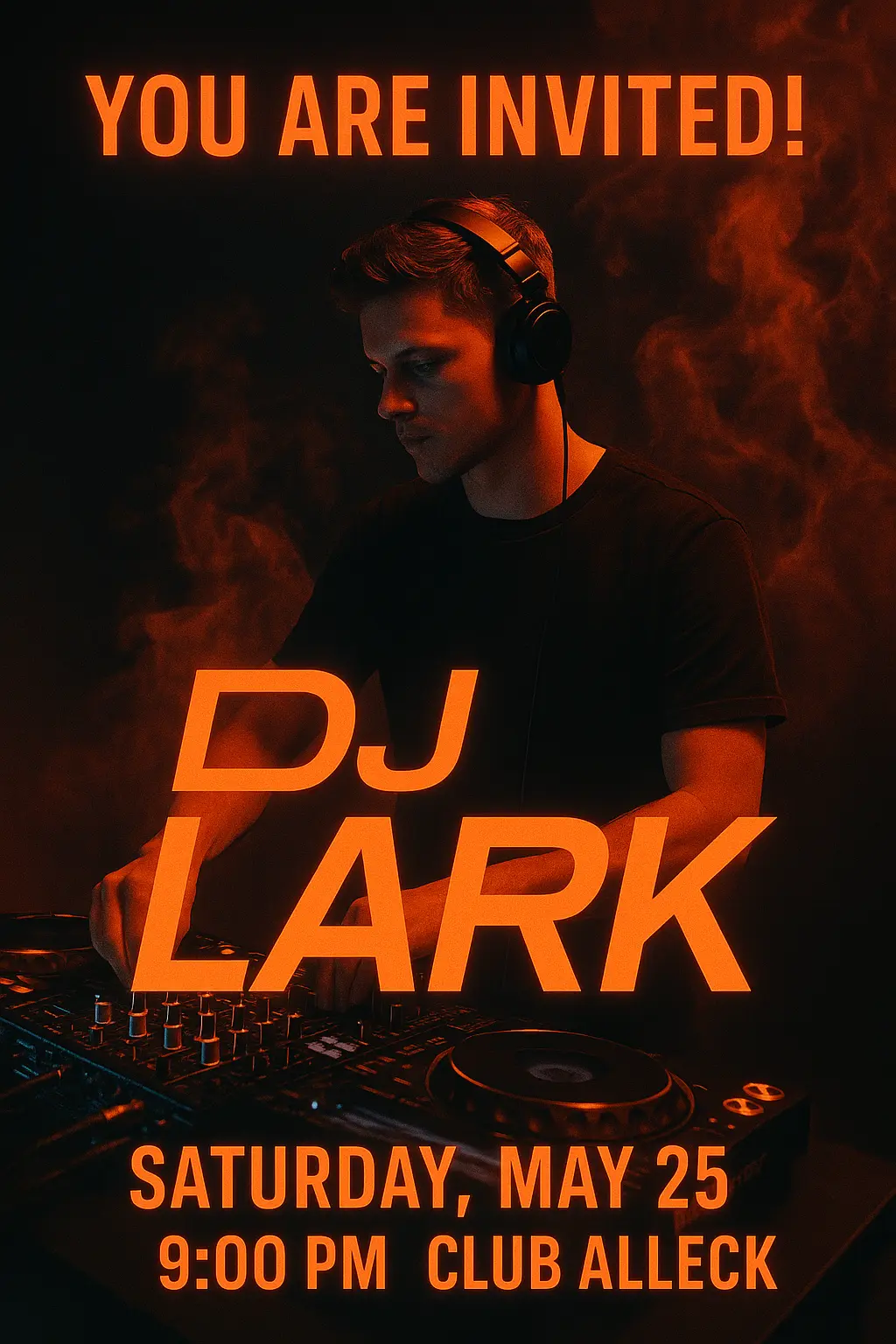 Event invitation card template with bold text and smoky music event design