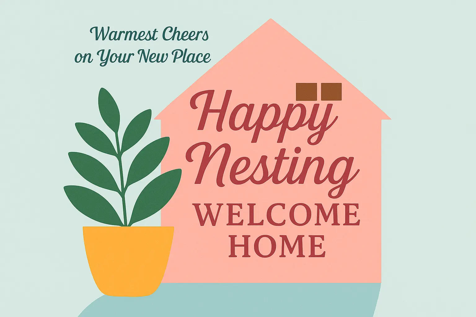 Cheerful house warming invitation card template with pink house and plant