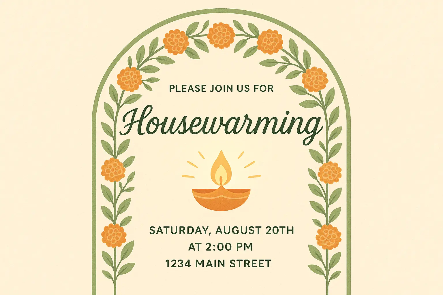House warming invitation card template with floral garland and oil lamp