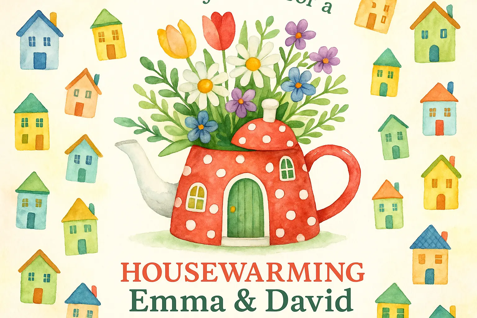 whimsical house warming invitation card template with floral teapot