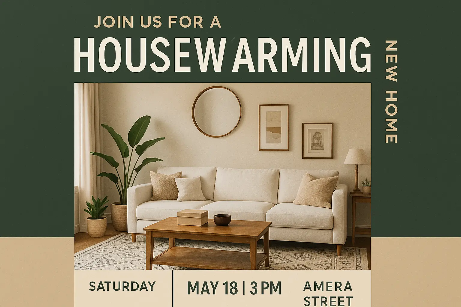 Modern house warming invitation card template with cozy interior