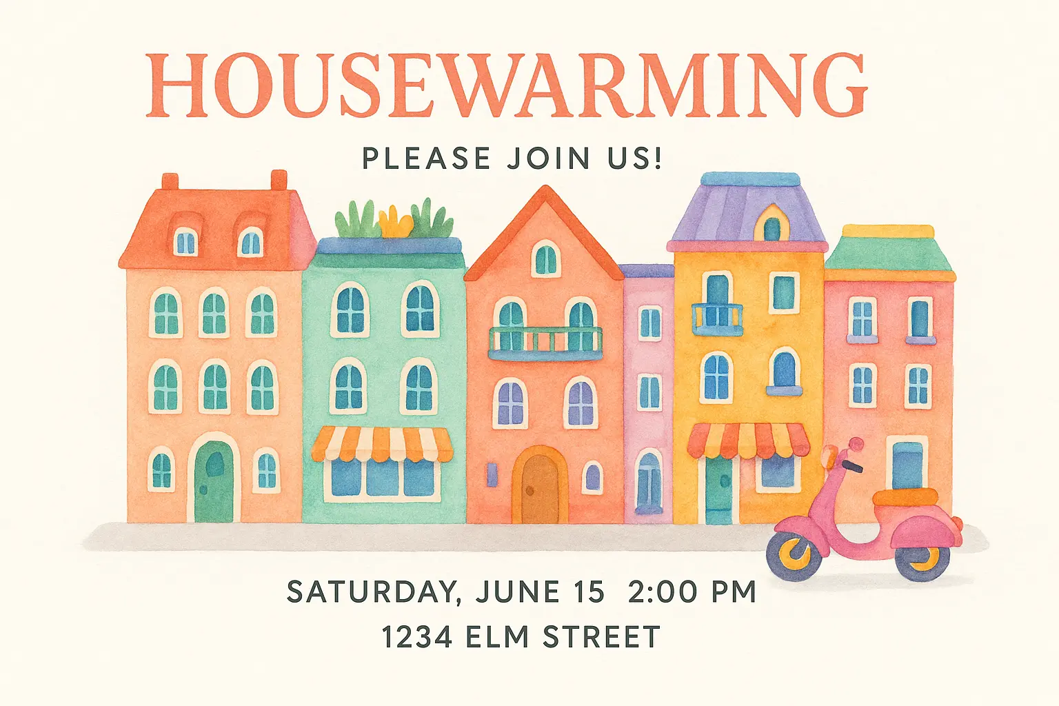 Colorful house warming invitation card template with pastel buildings