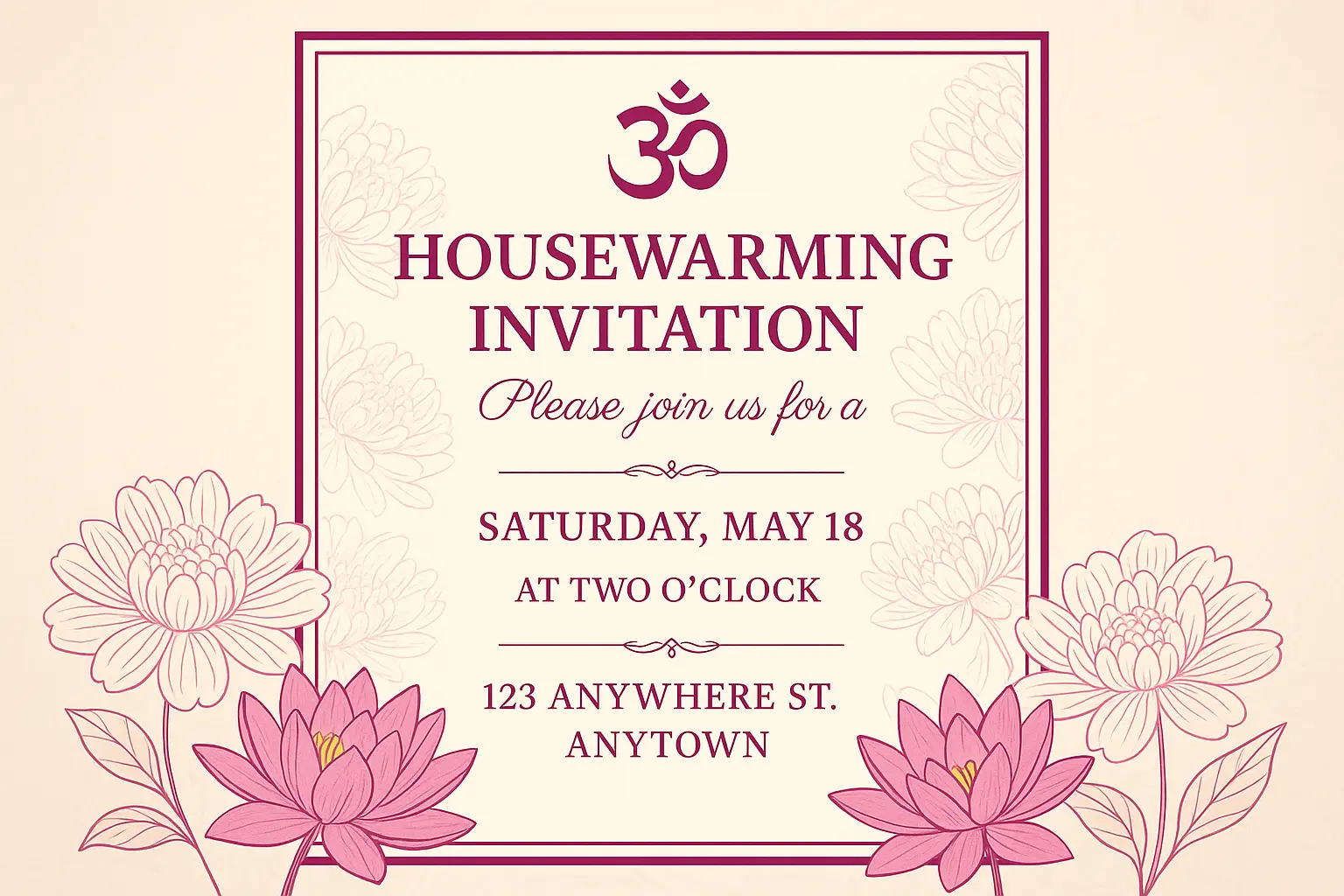 Elegant house warming invitation card template with lotus flowers and Om symbol