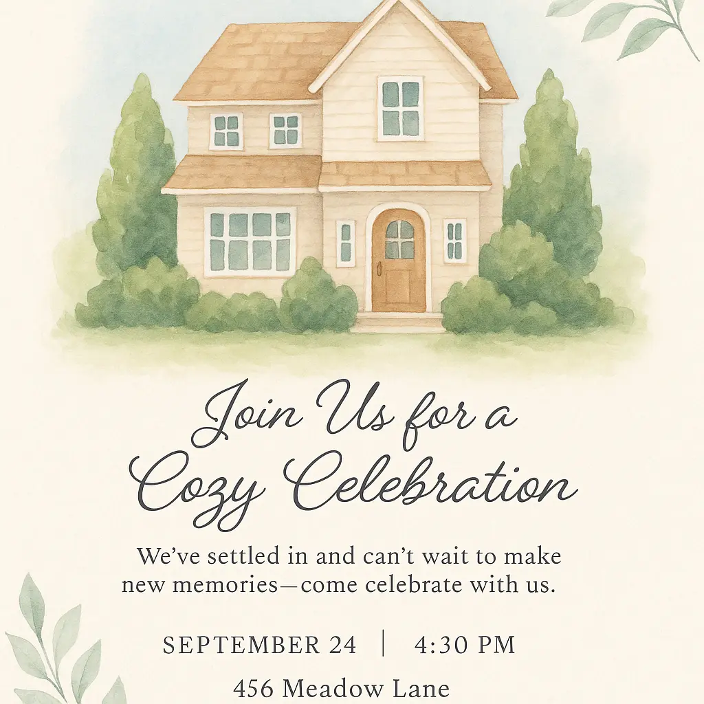 Watercolor house warming invitation card template with cozy home and soft colors