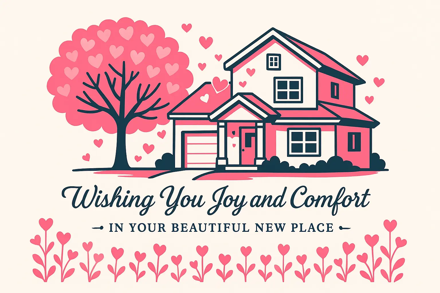 Heart-themed house warming invitation card template with pink tree and house
