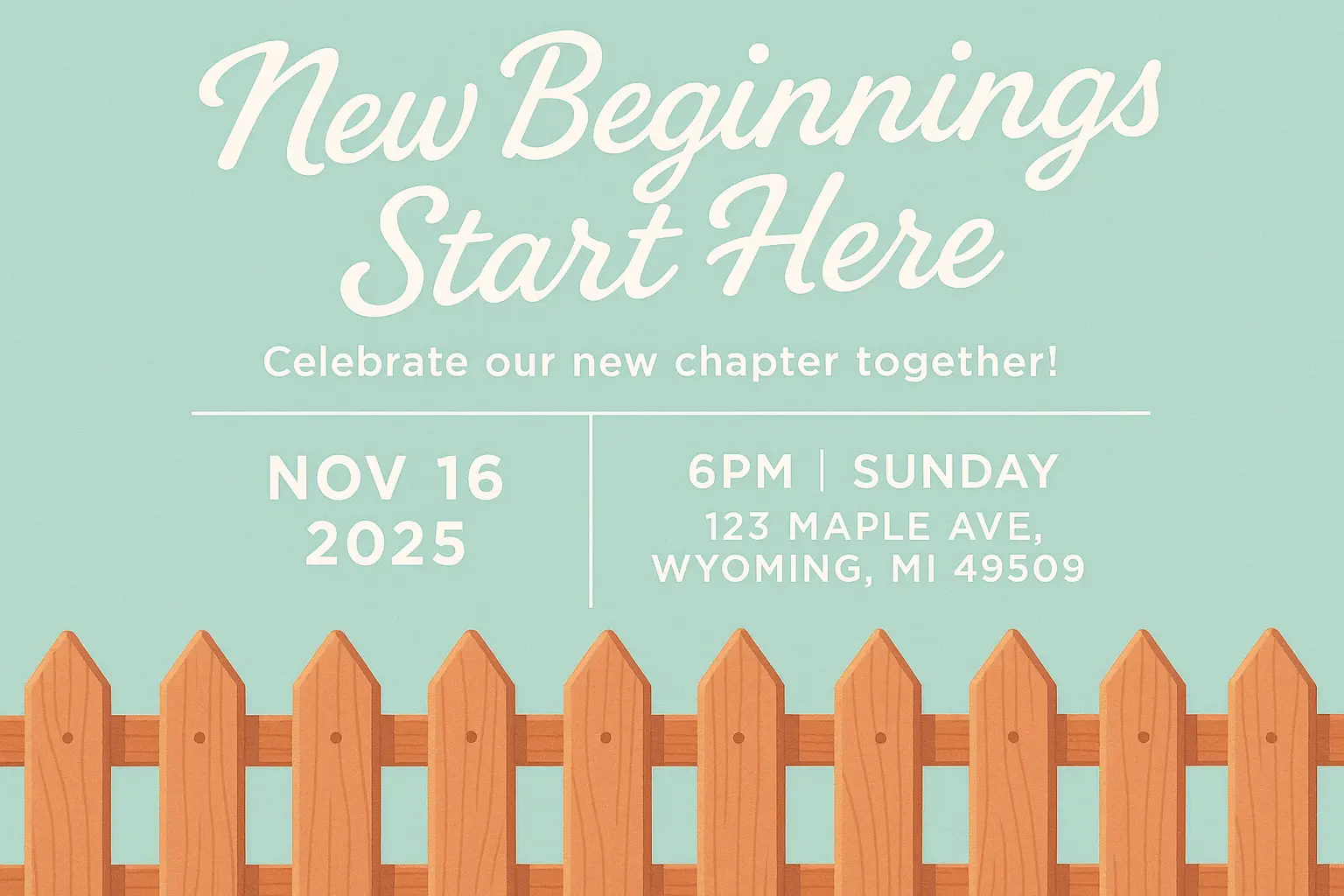 Cheerful house warming invitation card template with pastel colors and picket fence