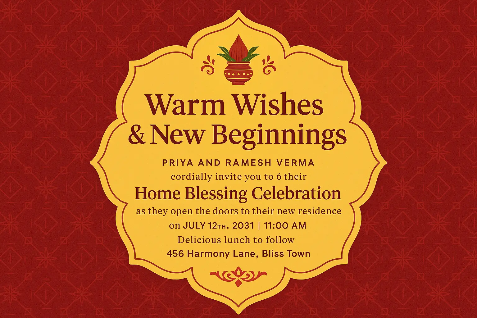 Festive house warming invitation card template with red and yellow design