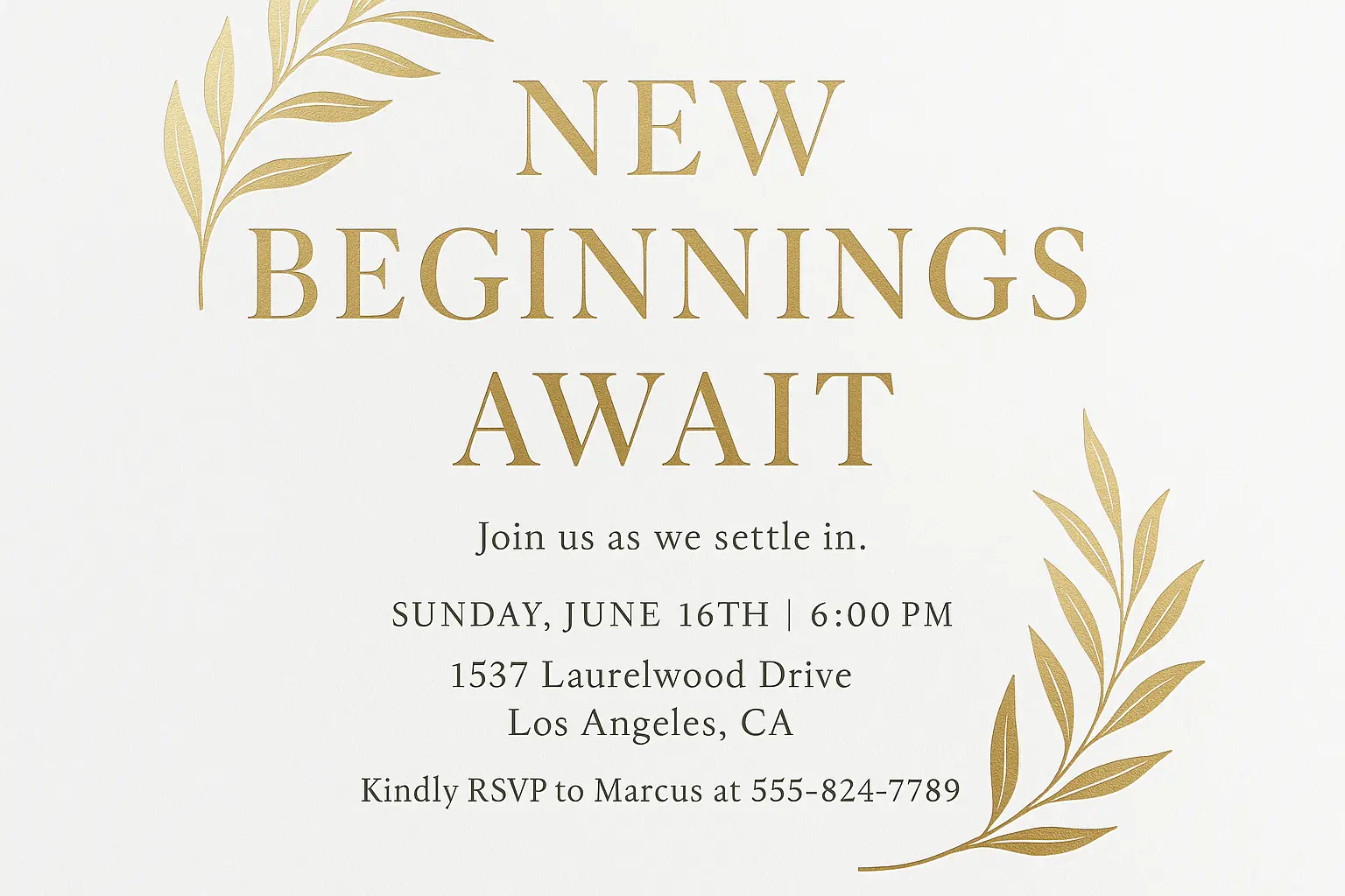 Elegant house warming invitation card template with gold leaves