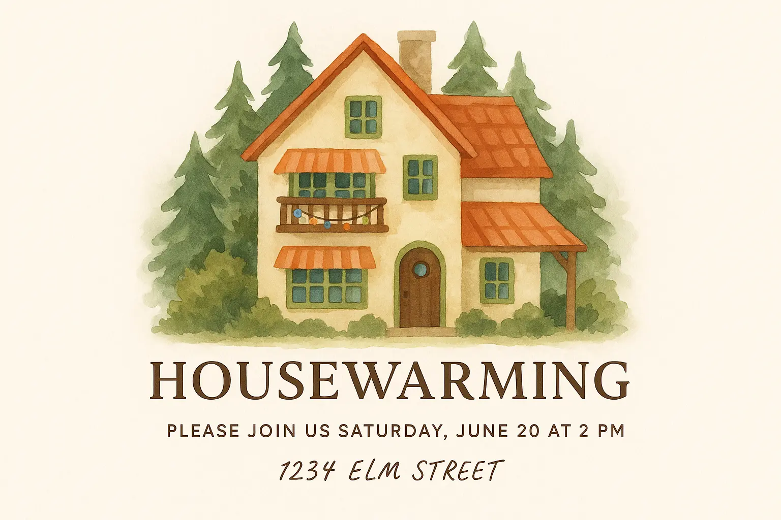Watercolor house warming invitation card template with cozy cottage