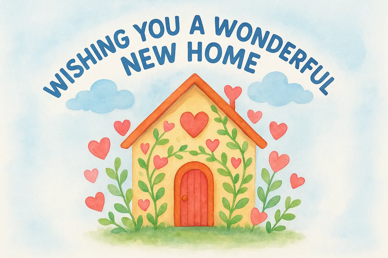 House warming invitation card template with a cozy house and vibrant hearts