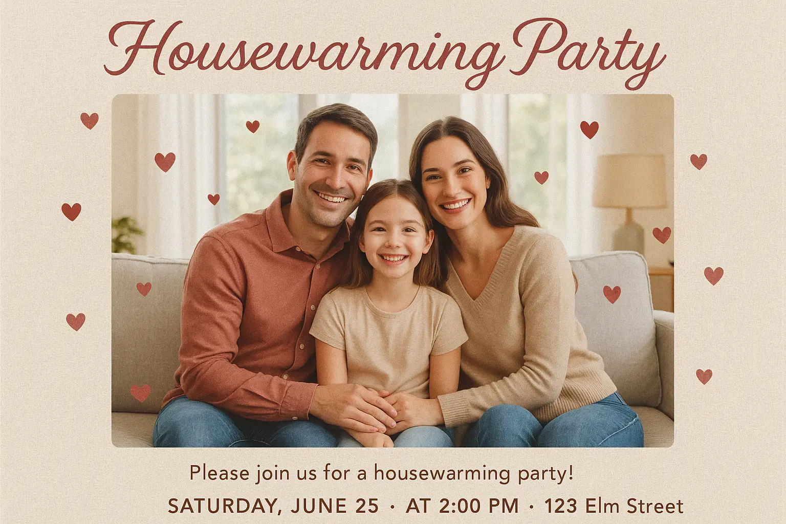 House warming invitation card template with smiling family in cozy living room.