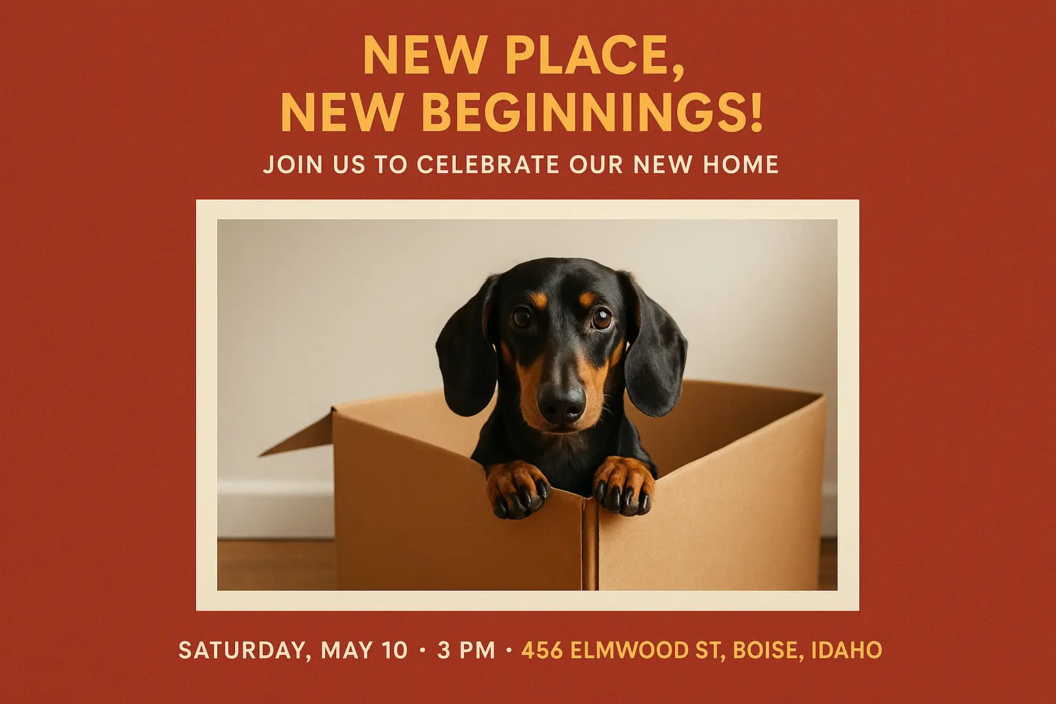 house warming invitation card template with dog in box