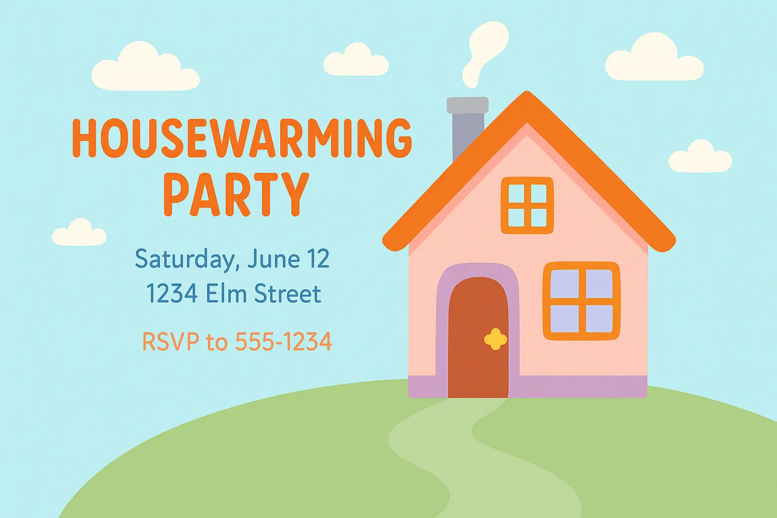 Cheerful house warming invitation card template with cartoon house