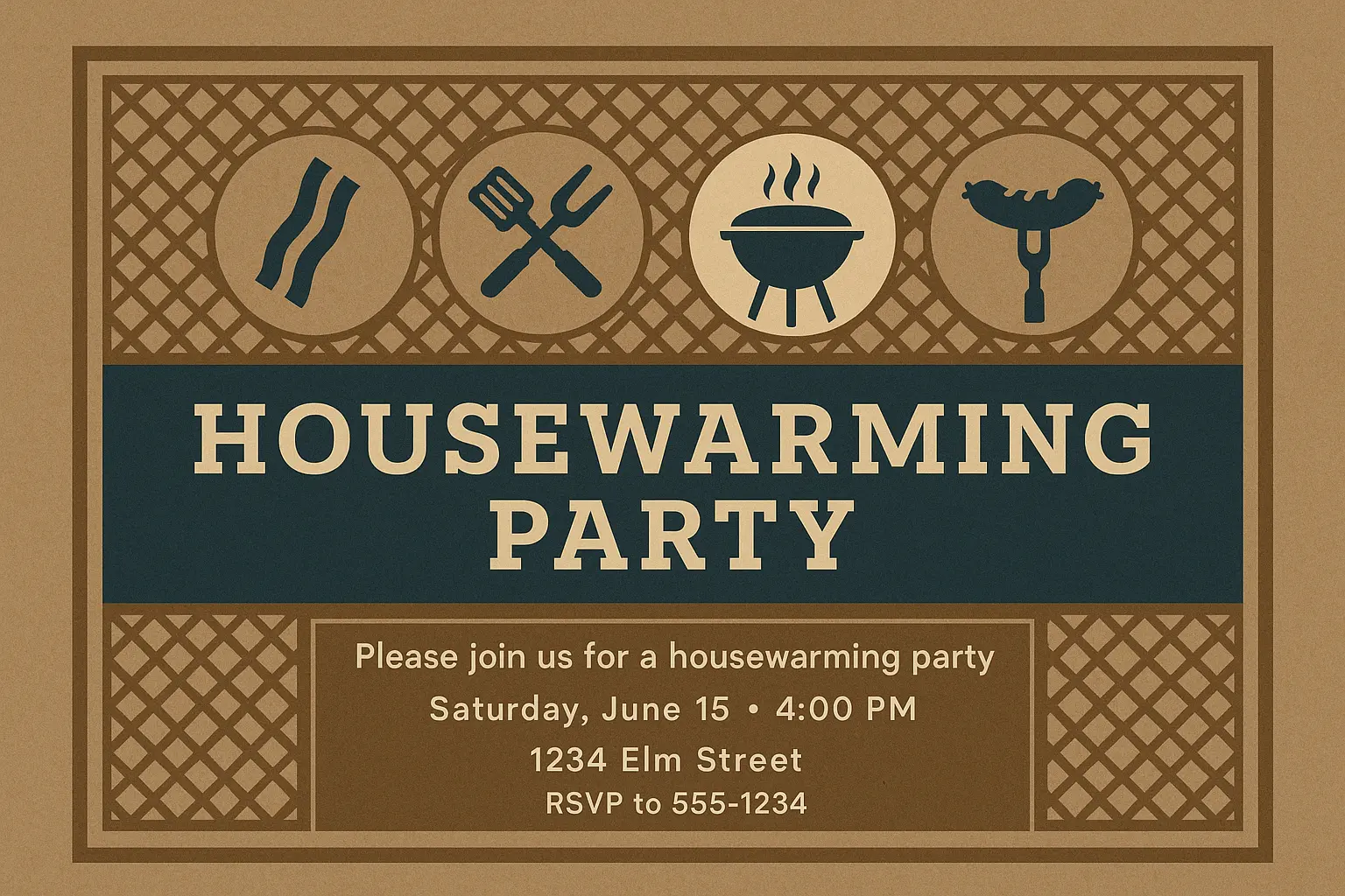 Retro house warming invitation card template with grill icons