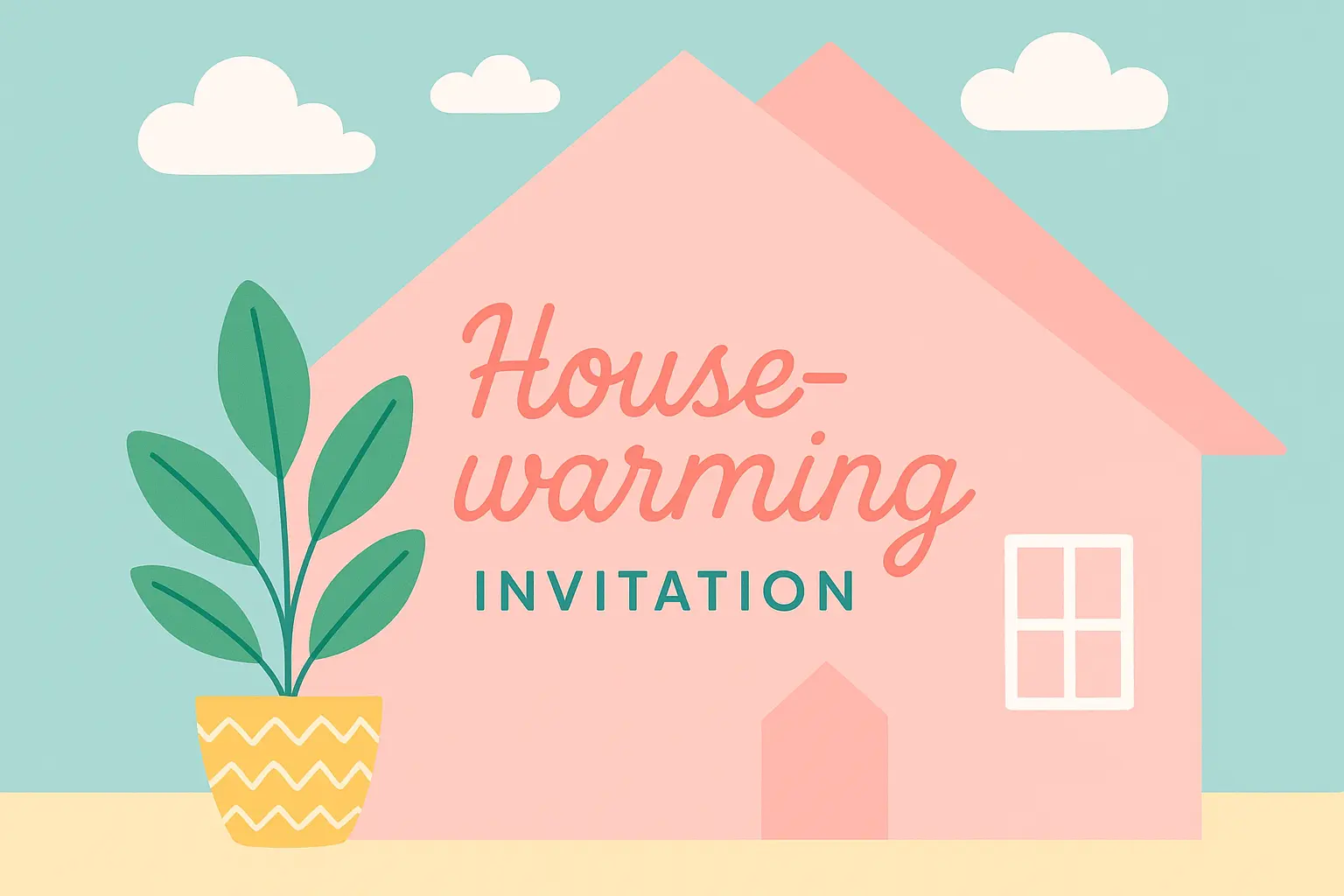 Minimalist house warming invitation card template with pink house and plant