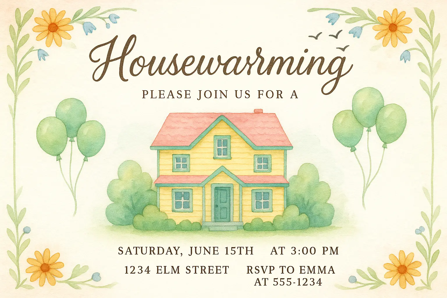 Watercolor house warming invitation card template with floral and balloon decor