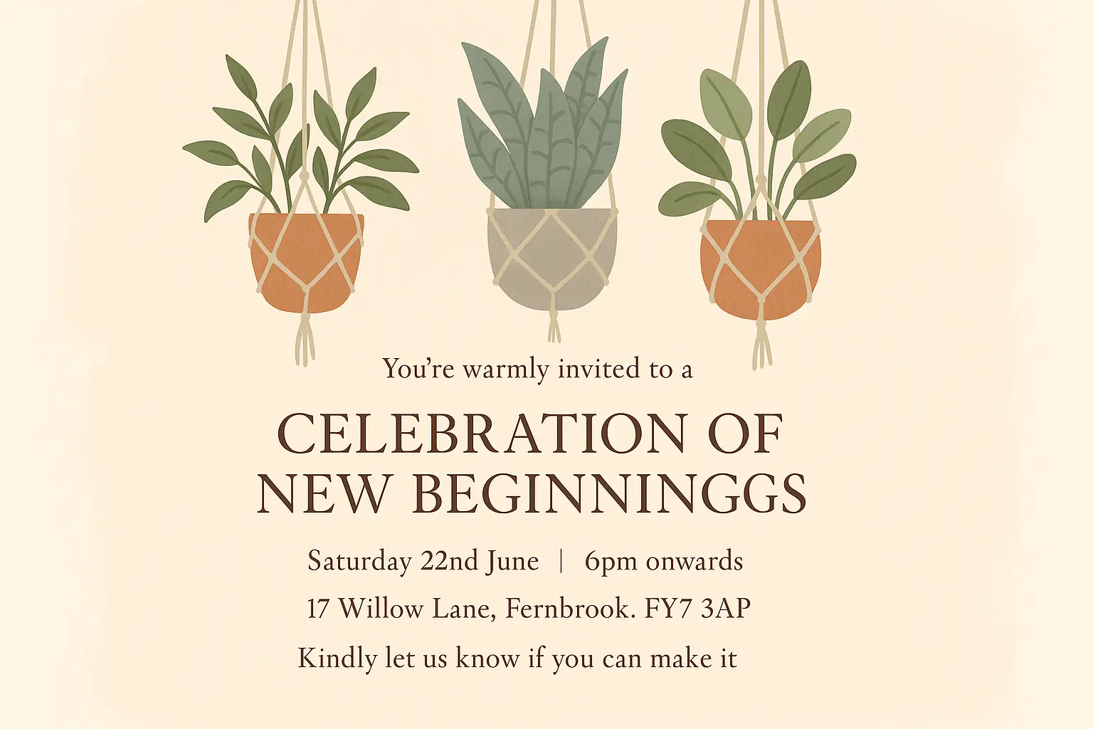 Warm house warming invitation card template with hanging plants