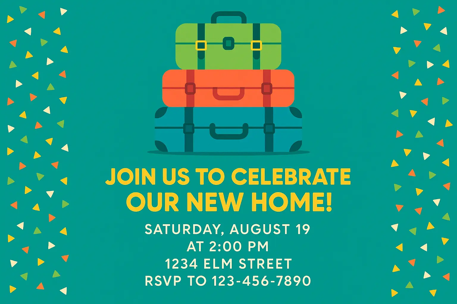 Festive house warming invitation card template with colorful suitcases