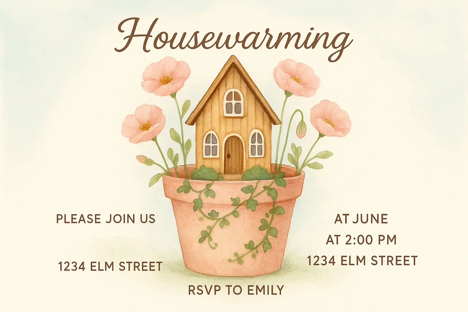 Watercolor house warming invitation card template with pink flowers