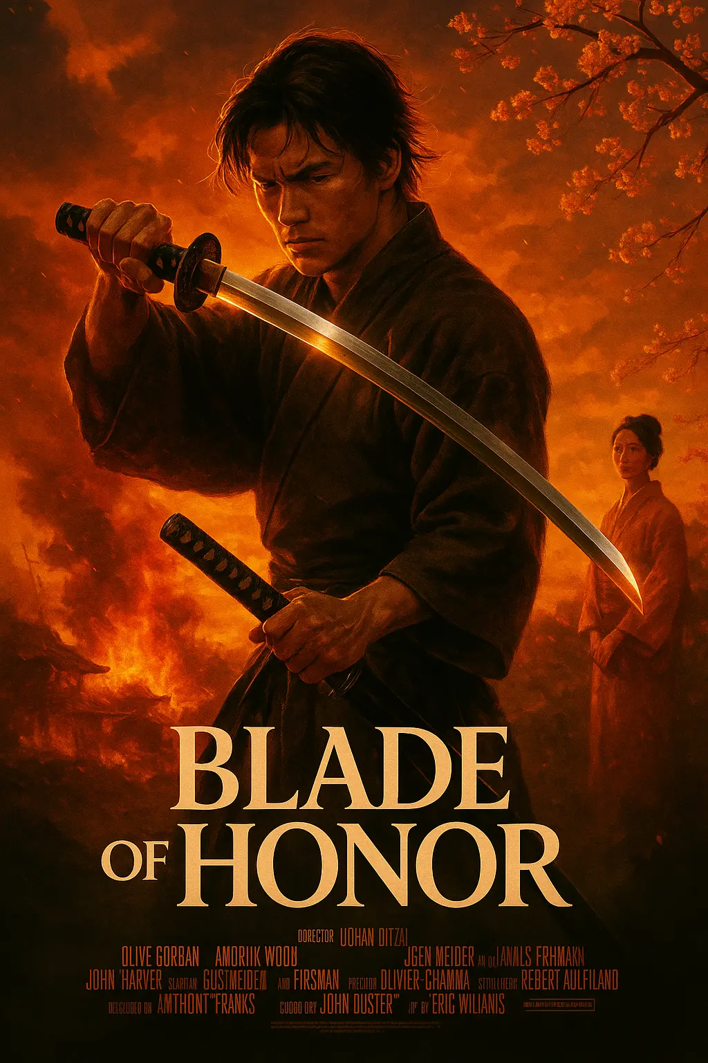 Fiery samurai movie posters template with sword and sunset