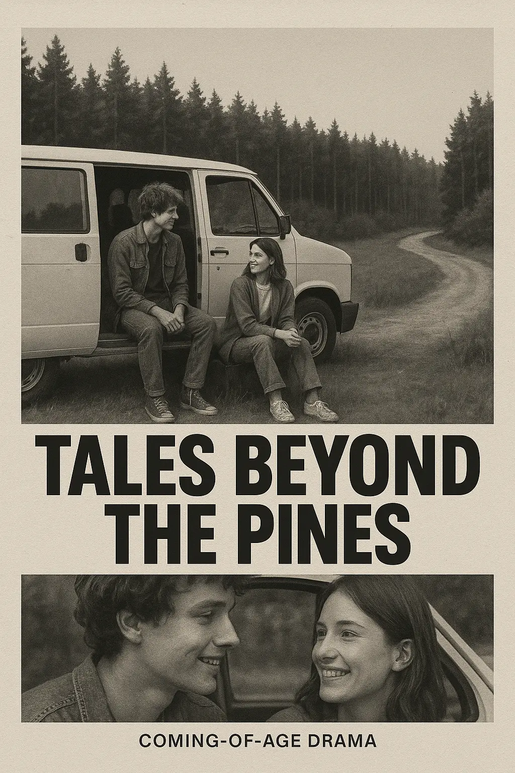 Retro-style movie posters template with grayscale forest and van scene