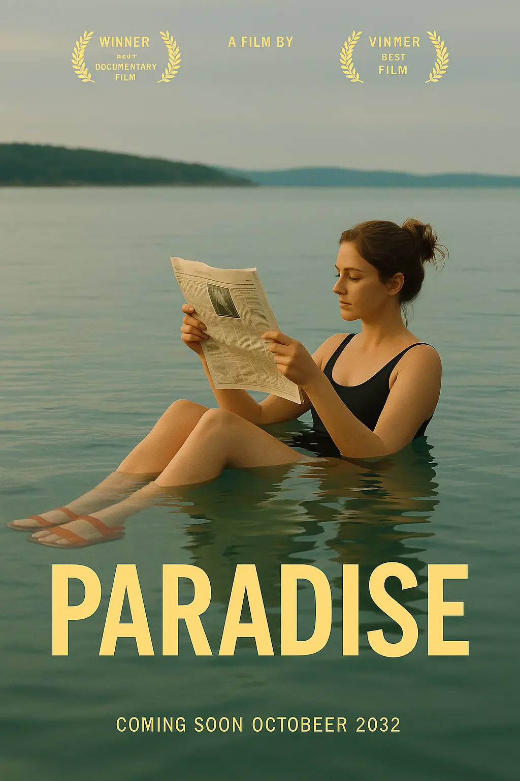 movie posters template featuring a woman floating in water reading a newspaper
