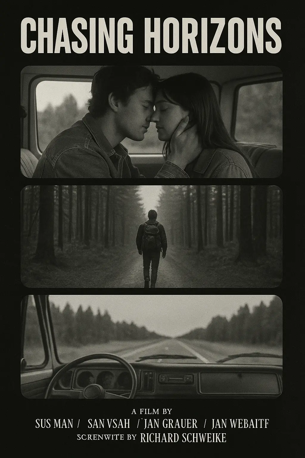 Black-and-white road drama movie posters template with triptych layout
