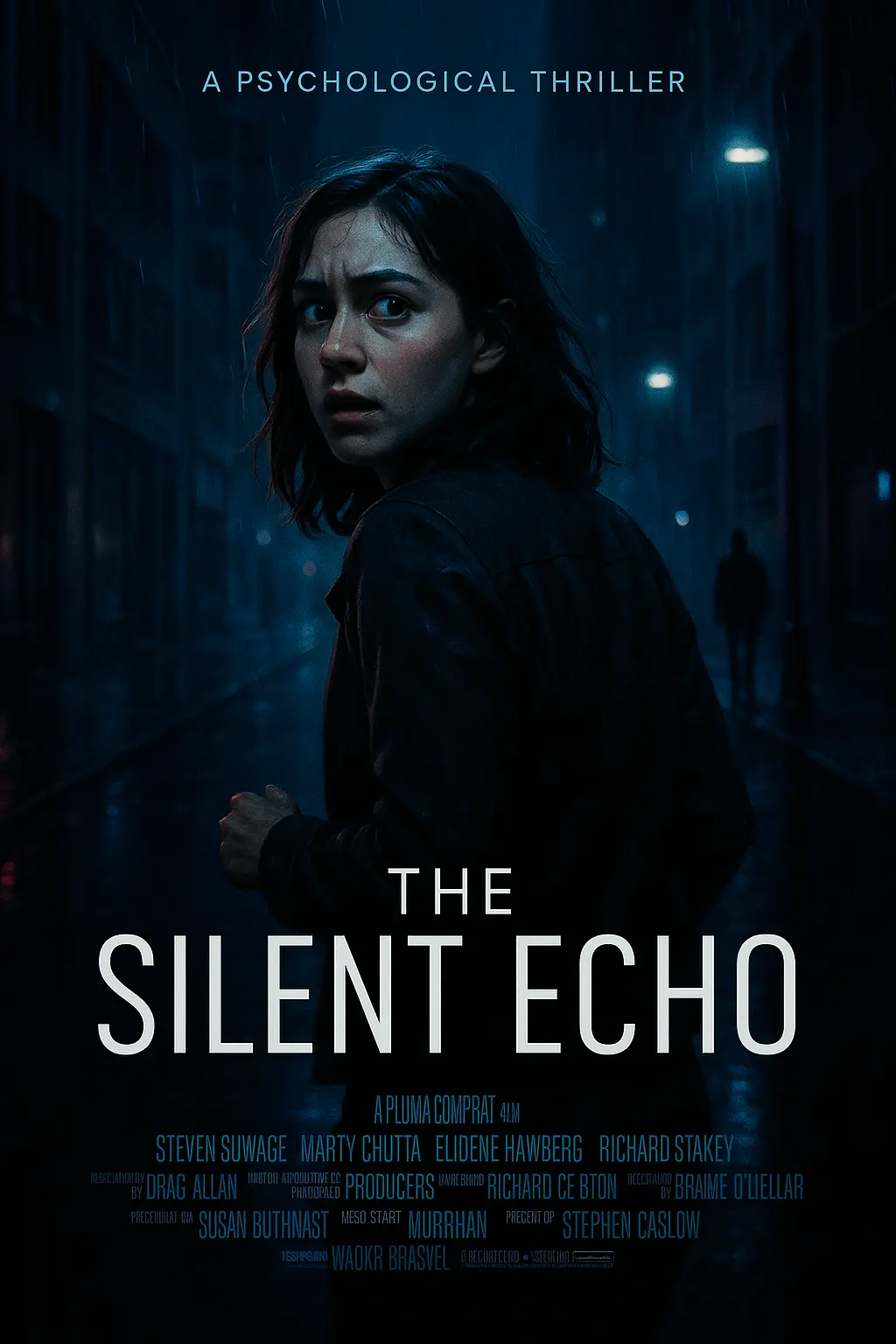 psychological thriller movie posters template with a lone woman in a dark urban setting