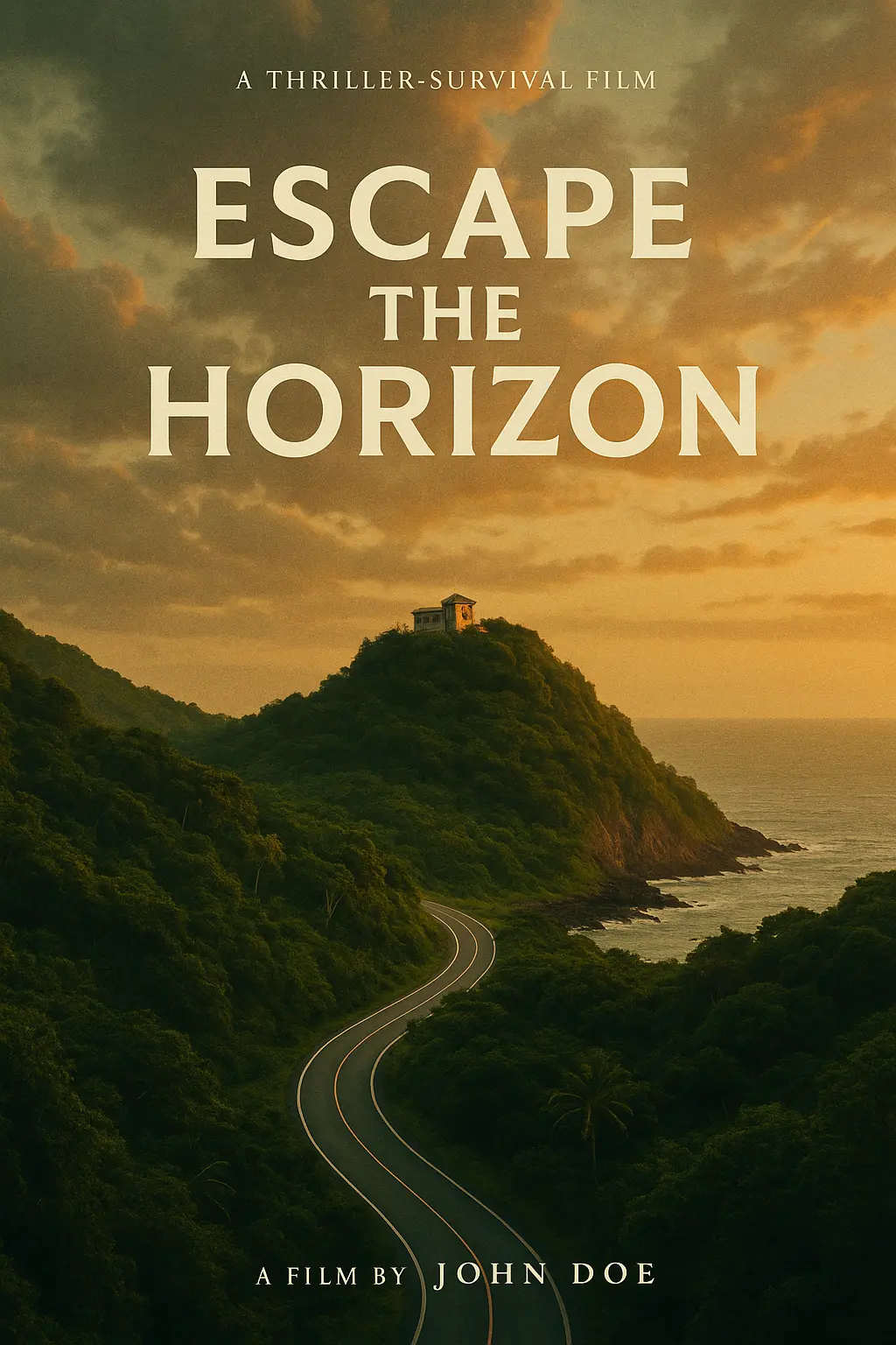 Thriller movie posters template with island road at sunset