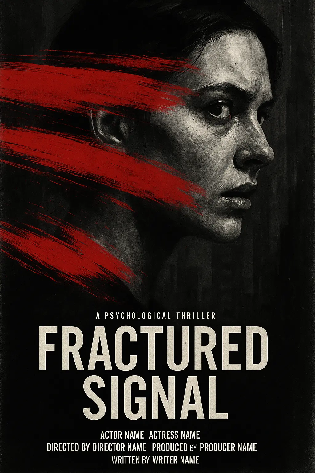 grayscale thriller movie posters template with bold red paint streaks