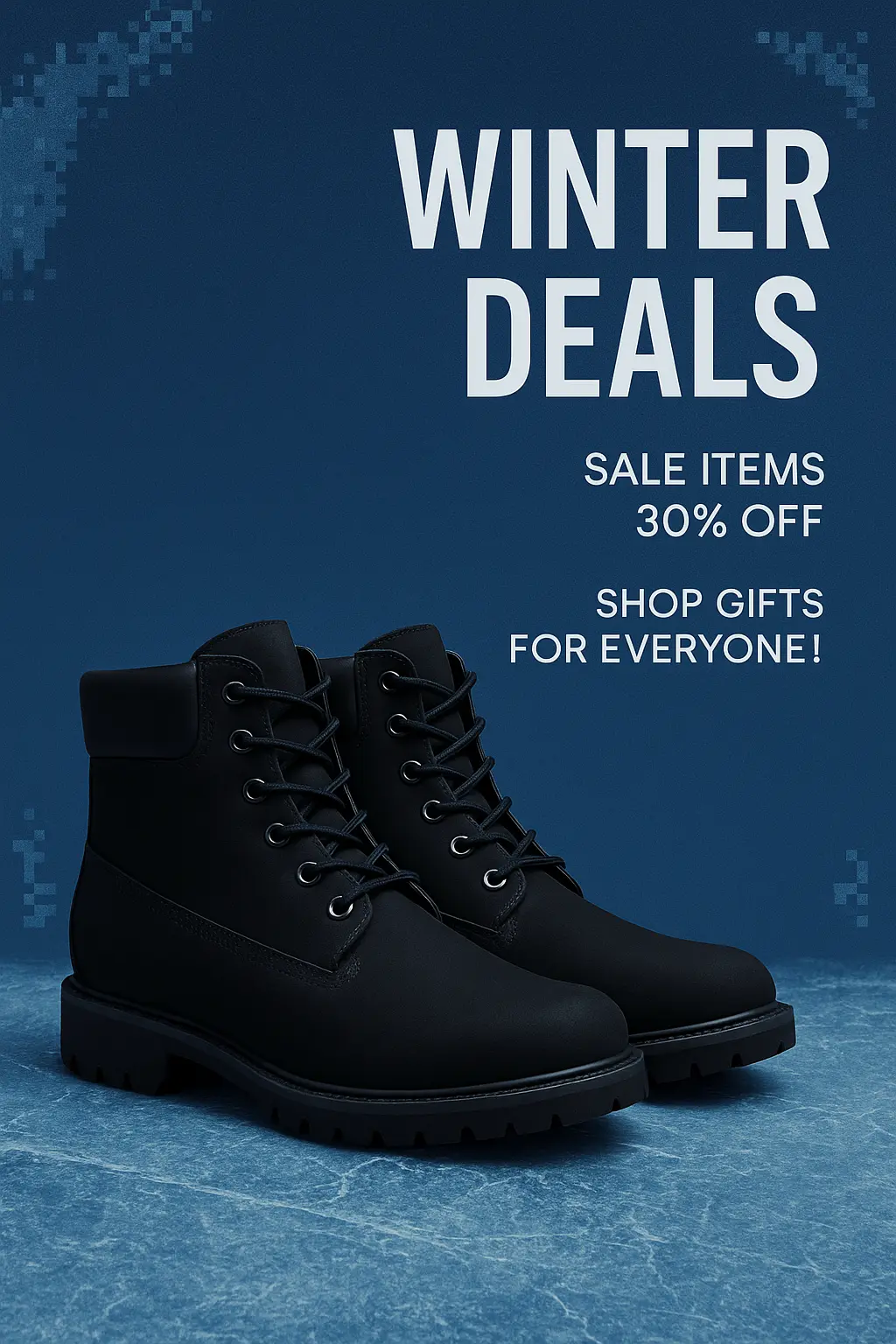 Winter advertisement poster template with black boots on ice